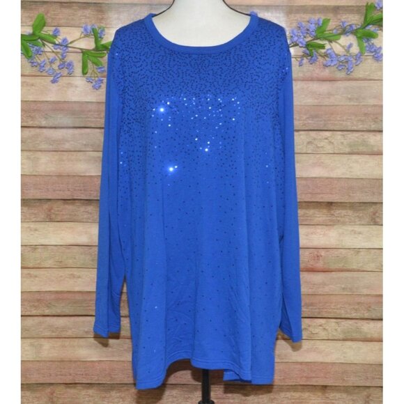 Quacker Factory Womens Plus 3X Blue Sequin Tunic Thin Knit Shirt Party Holiday - Picture 1 of 9